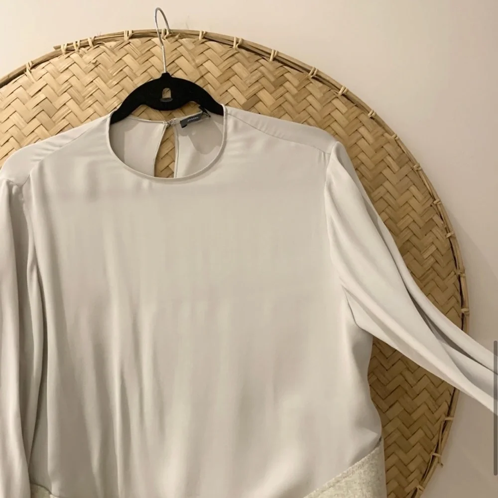 Stunning 100% Silk Light Grey JOSEPH Blouse w/ Wool Felt Detailing‎